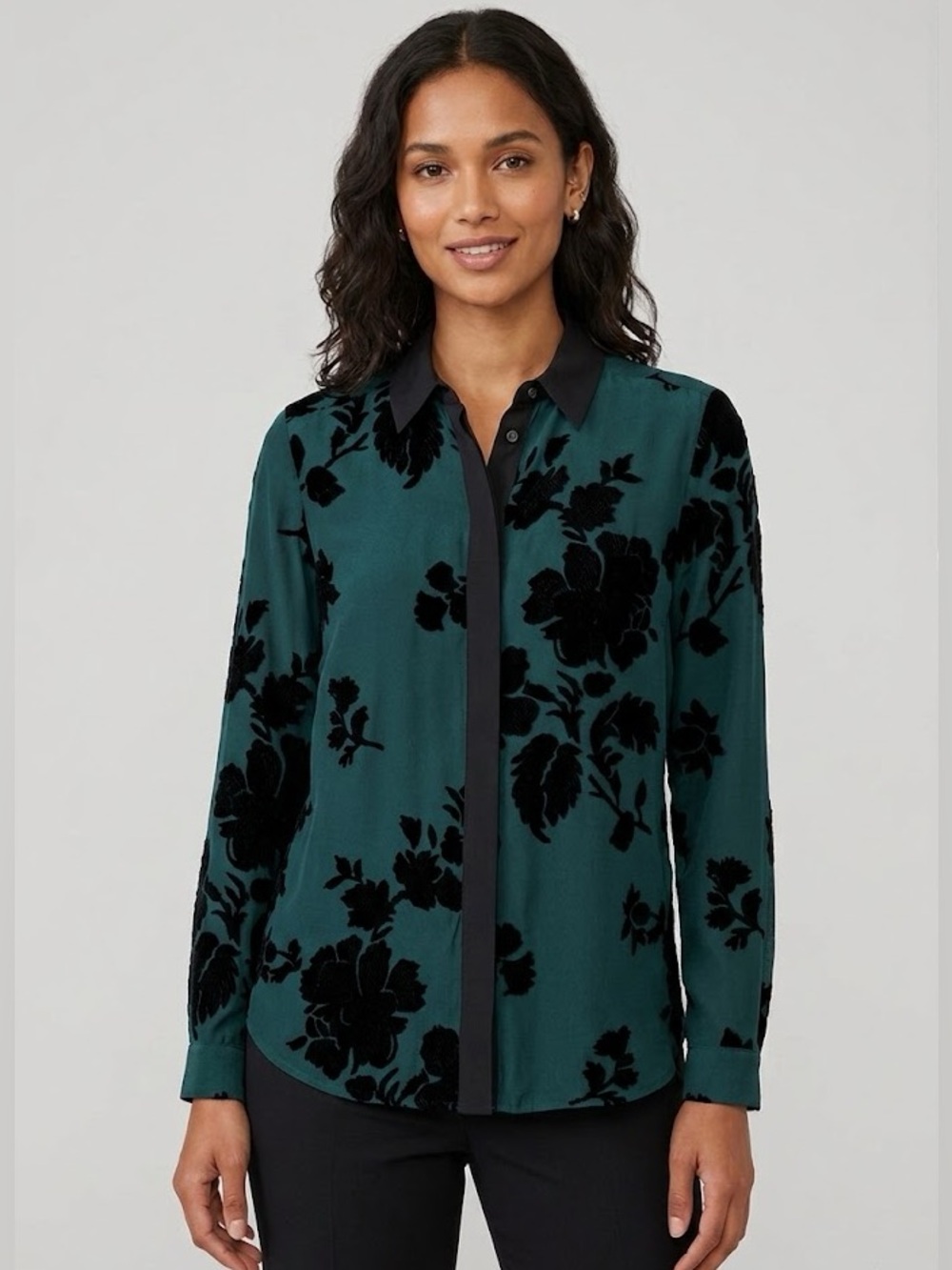 Burberry Dark Green Sheer Floral Blouse